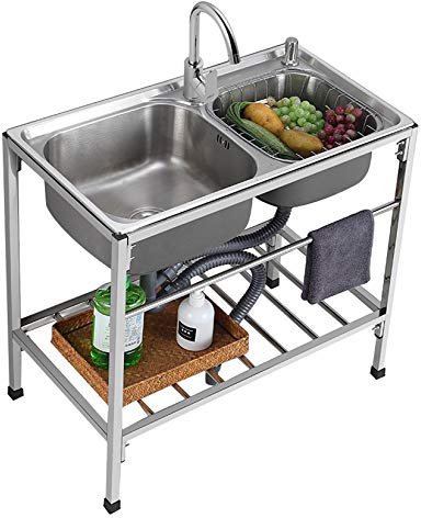 Gebrauchsspüle, Doppelwaschbecken mit Halterung, Edelstahl-gewerbliche Küchenspülen, Fach-freistehende Gebrauchsspüle mit heißem und kaltem Wasserhahn, Doppelwaschbecken