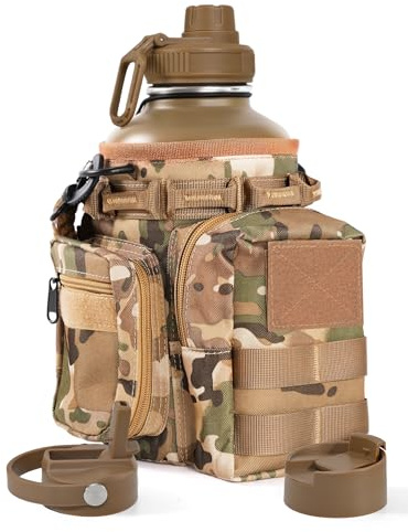 banloga Tactical Half Gallon Water Bottle with Straw, 64 Oz Insulated Water Jug with Molle Water Bottle Holder, Stainless Steel Sport Bottle with 3 BPA Free Lids for Gym Workout Hiking (Brown)