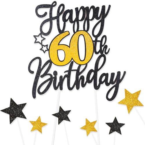 Black Gold Happy 60th Birthday Cake Toppers for Cake,Personalised Cake Toppers for Boy Men Girl Women Decorations,Glitter Cupcake Topper Cake Topper Kit 60th Birthday Party Cake Decoration Supplies