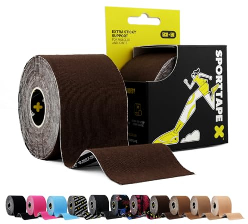 SPORTTAPE Cinta Kinesiológica 5cm x 5m Marrón Oscuro – Kinesiotape Deportivo y Terapéutico, Vendaje Neuromuscular para Rodilla, Tobillo, Fascia Plantar y Músculos, Impermeable Adhesiva, Hipoalergénica