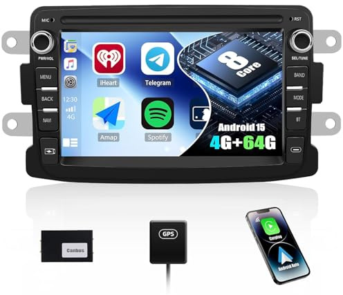CAMECHO 8 Core 4G+64G Android 15 Autoradio para Renault Dacia Logon/Duster/Logon/Duster con Navi Carplay Wireless Android Auto,Doble DIN Radio con 7 Pantalla Bluetooth5.0 FM/RDS 32EQ DSP SWC+Type-c