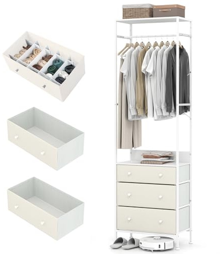 HOMASIS Kleiderständer mit 3 Schubladen & Ablage, offener Garderobenständer aus Holz & Metall, Freistehende Garderobe mit Kleiderstange für Schlafzimmer, Wohnzimmer & Flur, 55x28x176cm (Weiß)