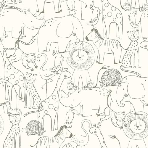 Livelynine Carta da Parati Adesiva Muro Beige Fantasia Animali Carta Parati Adesive Muro Camera da Letto Bambina Bambini Pellicola Adesiva per Mobili Fantasia Bambini Neutra Cassetti Zoo 44.5CMx2M