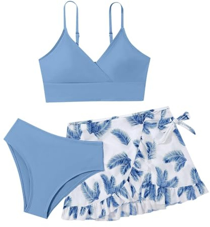 Generisch 3 Teilig Bikini Set für Mädchen Blumen Badeanzug mit Unterhemd Unterteile Skirt Teenager Strand Pool Schnelltrocknender Tankini Sets Sommer Badeanzüge Schwimmanzug (Blue, 13-14 Years)