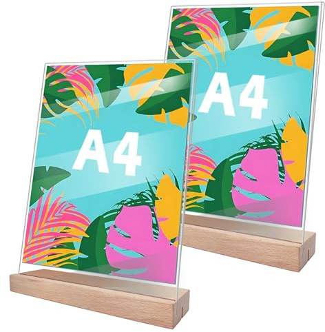 Primasage 2 Piezas Soporte Letreros Acrílico A4 Transparente Expositor Metacrilato A4 con Base de Madera Forma de t Soporte de Letrero para Oficinas, Restaurantes, Tiendas, Hoteles