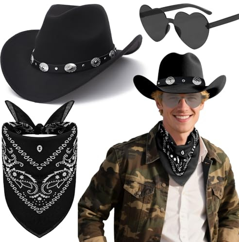 Kyndara 3Pcs Western Cowboy Hat Set, Unisex Cowboy Fancy Dress Kit with Wide Brim Hat Paisley Bandanna Heart Shape Sunglasses for Adult Masquerade Halloween Parties (Style-2)