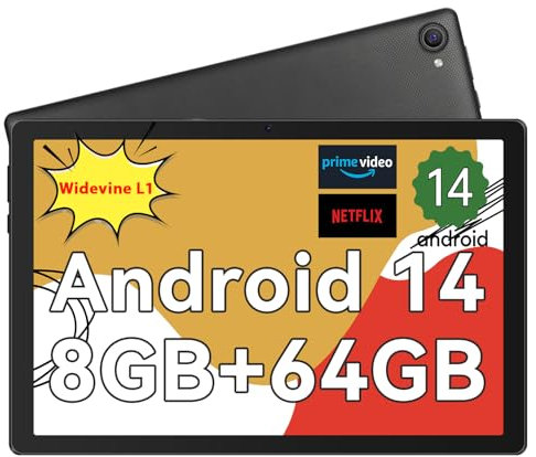 Laptok Tablet 10 pollici Android 14 Tablet con Octa-Core, Face ID, 8GB+64GB+1TB Espansione, 1280*800 HD IPS Touchscreen, tablet Android con WiFi 6 BT5.3, Doppia Fotocamera 5MP+8MP, Widevine L1(Nero)