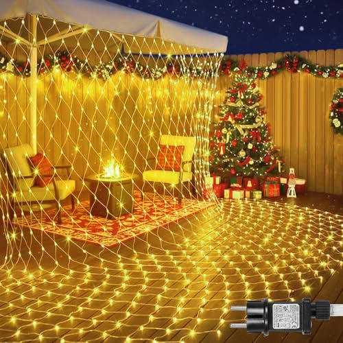PLODAXE Lichternetz Außen Innen 3x2m, 200 LED Lichterkette Netz mit Timer 8 Modi Speicherfunktion, Anschließbar, IP44 Lichtnetz für Büsche Garten Balkon Fenster Hochzeit Weihnachtsdeko, Warmweiß