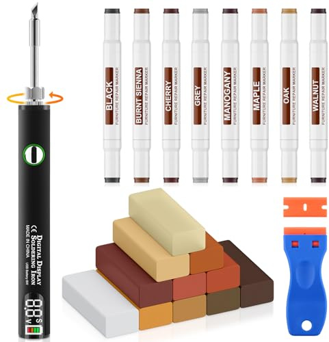 Set di riparazione per laminato, parquet e vinile con stucco per legno, strumento di fusione aggiornato a 11 colori, cera dura, 8 pennarelli a doppia punta. Ripara graffi, crepe, buchi e ammaccature