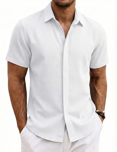COOFANDY Men's Short Sleeve Shirts Cotton Casual Summer Shirt Regular Fit Beach Holiday Shirts for Men White M