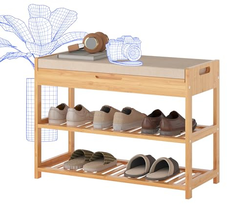 FLEXISPOT Schuhbank aus Bambus mit 200 kg Tragkraft, Schuhregal mit 2 Ebenen, Schuhhocker mit Sitzfläche & Ablage, platzsparend für Eingangsbereich, Flur & Wohnzimmer, stabil & langlebig
