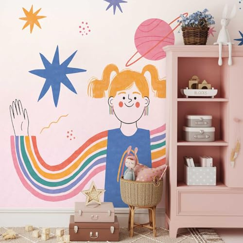 updéco - Premium Vlies - Fototapete - Space Girls (500x280 cm) - Schlafzimmer, Flur, Wohnzimmer, Premium Vlies-Fototapete, Kindertapete mit Mädchen im Weltraum