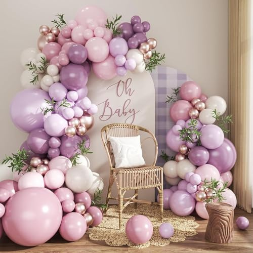 Kit Arco de Globos Morados Rosa, 115pzas Guirnalda Globos de Cumpleaños Púrpura Pastel con Globo Rosa Metálico y Globo Beige para Decoracion Cumpleaños Comunion Niña Baby Shower Graduacion Fiesta Boda