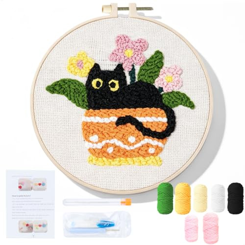mongtsamz broderiset för vuxna nybörjare, broderikit, broderi utan nål, broderiset förtryckt motiv, justerbar broderiram, tjock ull för fluffig, för stressminskning och som väggdekoration