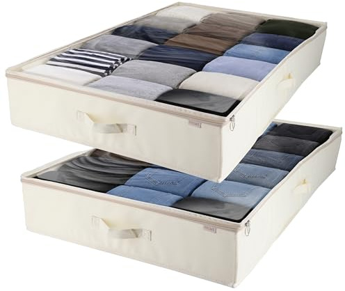 KROMS Förvaring under säng 2-pack - Beige - 100 x 60 x 15 cm - Förvaringslåda med lock - Förvaring kläder & sängkläder - Hopfällbar förvaringsbox - Garderobsorganisatör