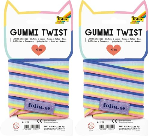 folia 33178 - Gummi-Twist, ca. 4 m, Gummiband in Regenbogenfarben, inkl. Anleitung, Hüpfgummi Spiel für Kinder ab 3 Jahren (Packung mit 2)