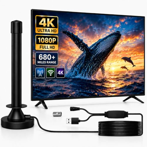 2026 Indoor TV Aerial, with Signal Booster, 680+ Miles TV Aerial Indoor for Smart TV, 360° Omnidirectional Freeview Aerial, 4K 1080P HDTV Antenna with Magnetic Base, 16FT Cable