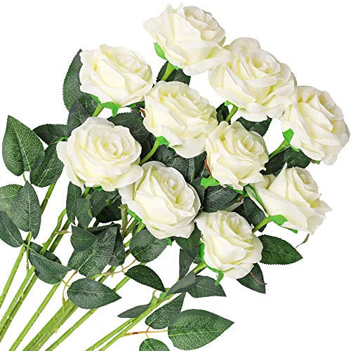Veryhome 10 Pcs Artificial Roses Silk Flowers Fake Single Stem Blooming Rose Bridal Bouqets For Wedding Home Birthday Party Arrangment Garden Decoration (White)
