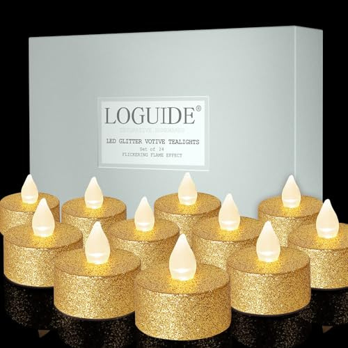 LOGUIDE Battery Operated LED Tea Lights,24 Pack Gold Flameless Votive Tealights Candle with Warm White Flickering light, Small Electric Fake Tea Candle Realistic for Wedding,Table,Festival Celebration