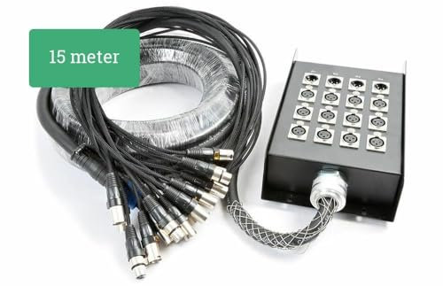 Power Dynamics Cable de audio manguera para escenario con 12 entradas XLR Hembra 4 Salidas XLR macho, cable flexible, cajetín metálico con conectores metálicos de calidad, longitud 15 Metros