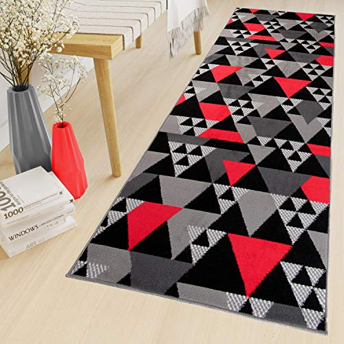 TAPISO Maya Teppich Läufer Meterware Kurzflor Flur Küche Brücke Wohnzimmer Modern Grau Rot Schwarz Geometrisch Dreieck ÖKOTEX 80 x 1500 cm