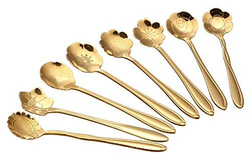 Ototon Cuillères à Café en Acier Inoxydable Forme de Fleurs Or Créative Cuillères à Dessert Cadeau pour Maison Anniversaire 8pcs