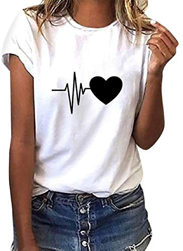 Tuopuda Magliette Donna Estive T-Shirt Manica Corta Elegante Top Cotone Crew Neck Graphic Tee Maglietta Casual Camicia Stampa Shirt Divertenti Sportivi Blusa Moda Top Taglie Forti, Bianca, M