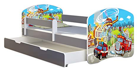 ACMA Kinderbett Jugendbett mit Einer Schublade und Matratze Grau mit Rausfallschutz Lattenrost II Spielbett Kinderzimmer Möbel (36 Feuerwehr, 160x80 + Bettkasten)