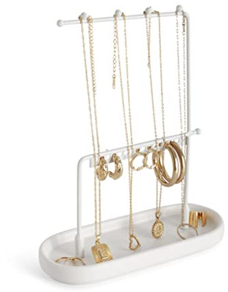 KOOK TIME Porte Bijoux | Presentoir bijoux métal avec plateau ceramique pour bagues, bracelets et autres petits bijoux | presentoir collier et presentoir boucle d'oreille tout en un | Blanc mat