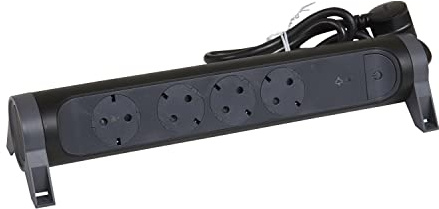 LEGRAND, Roterbar grenuttag, 4-vägs uttag, flera uttag, integrerat överspänningsskydd med statusdisplay (SPD), LED-på/av-brytare, 1,5 m kabel, svart/mörkgrå, 694511