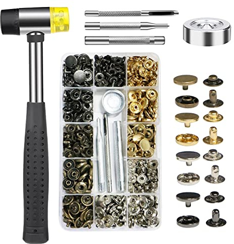 120 Piezas Kit Corchetes de Presión Metálicos,Botones de Presión 4 Colores,Remaches de Cuero,con Martillo y 4 Herramientas de Fijación,para Ropa,Cuero,Vaquero,Bolsos(12mm)