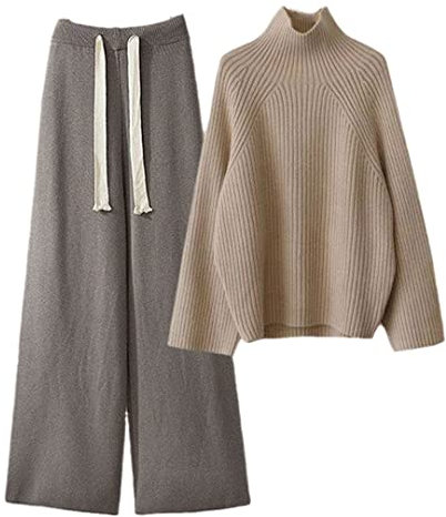 Damen Einfarbiges Kaschmir-Strickset, zweiteiliges Set, Übertise, Rollkragen und Hose, Anzüge für den Winter, dicke Pullover, 08 Stück, 46