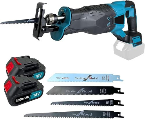 18V Akku Säbelsäge, Ersatz für Makita DJR187ZK, Elektrische Reciprosäge mit 2x3000mAh Akku und Schnellladegerät, 4 Stück Sägeblatt Variable Geschwindigkeit 0-3000 SPM für Holz- und Metallzuschnitt