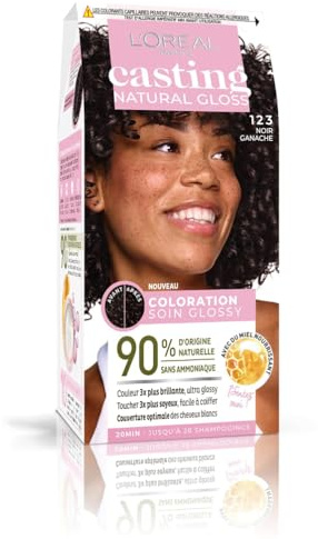 L’ORÉAL PARIS - Coloration Cheveux Permanente - Couleur Ultra Glossy - Sans Ammoniaque - 90% d'Ingrédients d'Origine Naturelle - Casting Natural Gloss - Nuance : Noir Ganache (123) | 90% ingrédients origine naturelle, Sans ammoniaque sans silicone, Enrichi en miel, 3x plus brillants, Couvre cheveux blancs