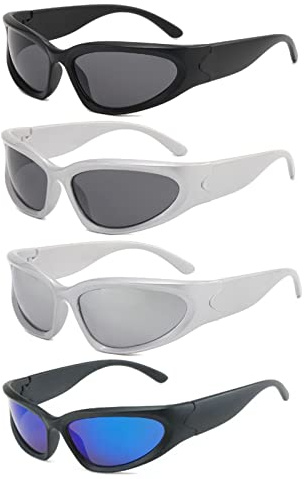 Carreuty 4Pcs Wrap Around Sunglasses for Men Women, UV400 Protection Outdoor Polarised Sport Cycling Sunglasses, Futuristic Oval Sun Glasses, Y2K Stylish HD Vision for Running Cycling Fishing Golf