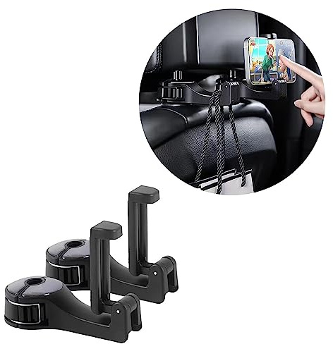 ViWaVee Supporto per poggiatesta auto con supporto per cellulare, gancio posteriore a 360°, per seggiolini auto, per borsa, portafoglio, tessuto, cibo, sedile posteriore. (nero, confezione da 2 pezzi)