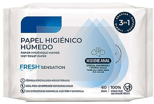 Acan Tradineur - Papel higiénico húmedo desechable, Fresh, Biodegradable, Apto para Inodoro, WC, higiene perianal, enriquecido con Hamamelis, Aloe Vera y camomila, 60 uds