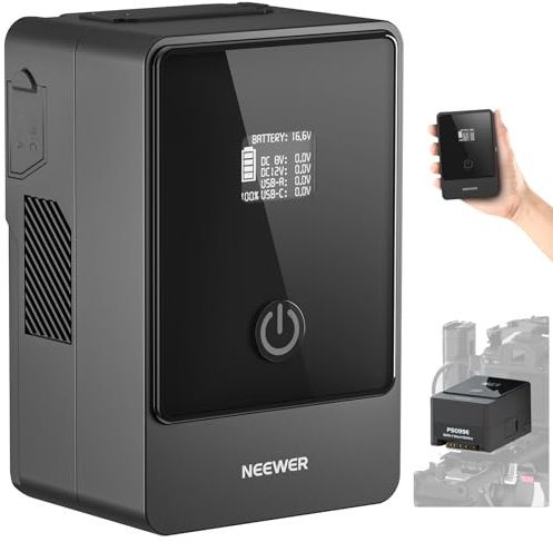 NEEWER Mini V Mount Battery 6800mAh 99Wh 14.5V, Mini V Lock Battery with 65W PD Type C/D Tap/BP/USB A/Dual DC Port/OLED Display for Video Camera Camcorder Compatible with SmallRig BMPCC 4k 6k, PS099E