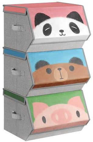 SONGMICS Aufbewahrungsboxen, 3er Set, Faltboxen, Stoffboxen mit Griffen, Organizer, magnetischer Deckel, für Kinderzimmer, Spielzimmer, Tier-Motive, rosa, blau, grün und grau RFB760P02