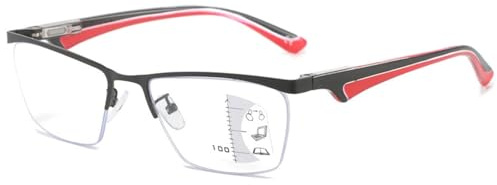 ABETOS Progressive Multifokale Lesebrille Anti Blaulicht Sehhilfe Lesehilfe Keine Linie Metall Halbrand Federscharnier Computer Multifokus Lesebrillen für Herren Damen（ Schwarz + Rot，2.5）