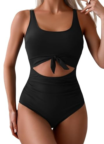 Eomenie Einteiliger Damen-Badeanzug, Bauchkontrolle, schlankmachender Badeanzug, Cutout, Knoten, Bademode, Schwarz, Large