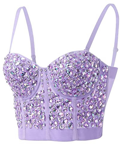 Korsett Top Damen Party, Bustier Sexy, Glitzer Crop Top Push Up BH Strass Spaghetti Tank Trägertop Sparkle Corsage Schlanke Weste Rave Clubwear Unterhemd Camisole Tanktops Frauen