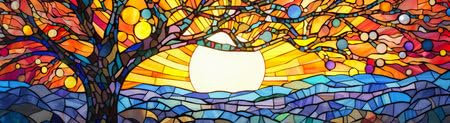 adrium Holz-Bild 110 x 30 cm: Illustration im Buntglasstil mit abstrakten Bäumen und Sonne im Hintergrund (216120220)