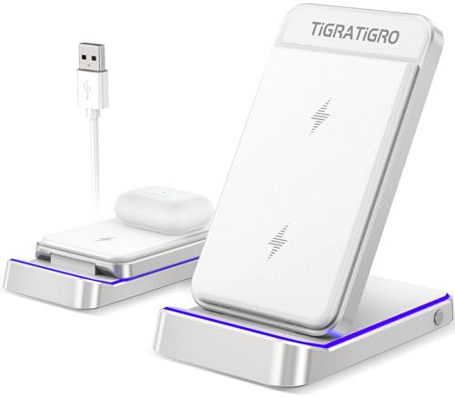 tigratigro Kabelloses Ladegerät, Zusammenklappbar, kabellos 15 W Qi Schnellladung, Kabelloses Ladegerät, Halterung für iPhone 15 14 13 12 11 Pro Max/Samsung (Ohne Ladegerät, Silber)
