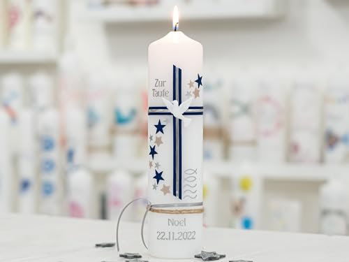 meinkerzenshop Taufkerze Noel personalisiert mit Name und Datum, individuell und mit Echtwachs handverziert für Junge und Mädchen