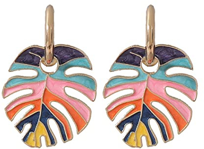 Boucles d'oreilles feuille de Monstera, Boucles d'oreilles pendantes en forme de feuille de palmier colorée pour femme, Boucles d'oreilles Bohème Tropicale Feuille de Cocotier Bijoux Bohème
