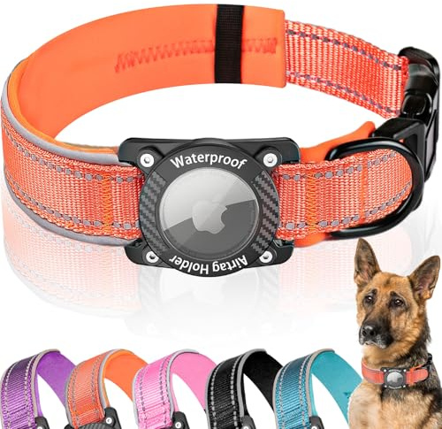 AgoumLux Airtag Hundehalsband, Air Tag Wasserdicht Hundehalsband mit Airtag Halter, Reflektierendes Airtag Halsband Hund mit Weicher Polsterung für Kleine, Mittlere und Große Hunde, Orange, S