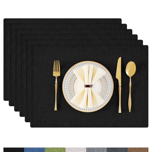 Homaxy Tischsets Abwaschbar 6er Set, Stoff rutschfest, Schwarz | Doppelseitiges Leinenoptik Platzsets, Abwischbar Hitzebeständig Platzdeckchen, für Küche & Esszimmer