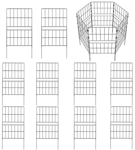 myLink 10 Pack Garden Fence Panels, 13L x 31.5H Metal Fence, Black, No Dig Animal Barrier