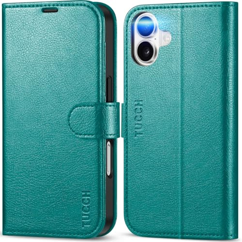 TUCCH Wallet Folio Case for iPhone 16 (6.1), Cyan | 4 Card Slots, RFID Blocking, Viewing Stand, Shockproof TPU, Premium PU Leather, Magnetic Closure, Flip Folding Cover